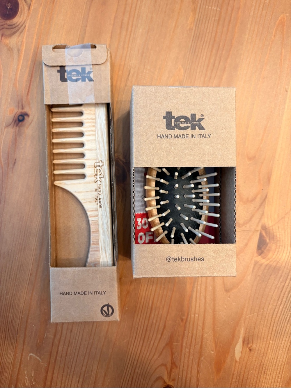 Tek Hand Made Italy Wooden Comb & Cushion Brush Set - Natural Wood